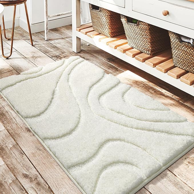 DEXDE Bathroom Rugs Mat 20x32, Soft Plush Shaggy Microfiber Bath Rug, Non Slip Bath Mats for Bathroom Floor, Machine Washable Absorbent Carpet for Shower Tub, White