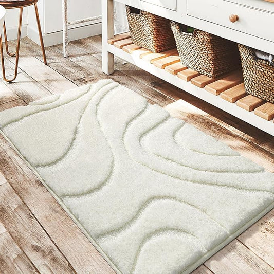 DEXDE Bathroom Rugs Mat 20x32, Soft Plush Shaggy Microfiber Bath Rug, Non Slip Bath Mats for Bathroom Floor, Machine Washable Absorbent Carpet for Shower Tub, White