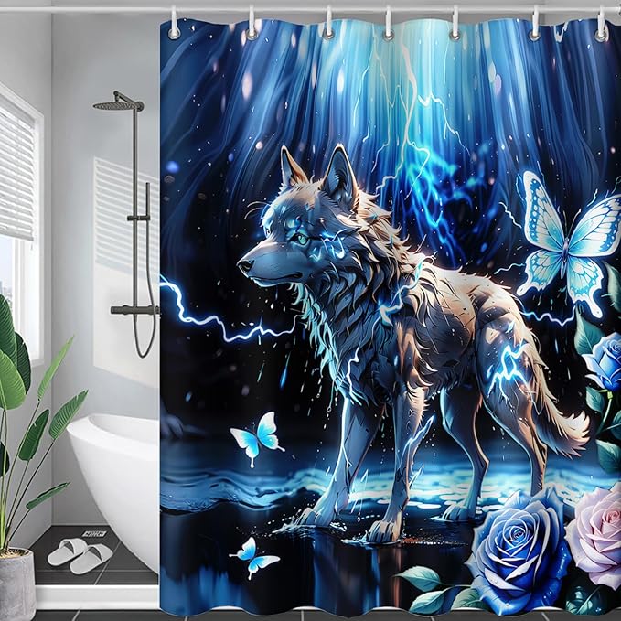 AILONEN Lightning Wolf Shower Curtain for Bathroom,3D Print Glowing Wolf Print Bath Curtain for Boys Men Kids,Raining Wolf Waterproof Bathroom Decor Blue Curtain with 12 Plastic Hooks, 72" W*72" H