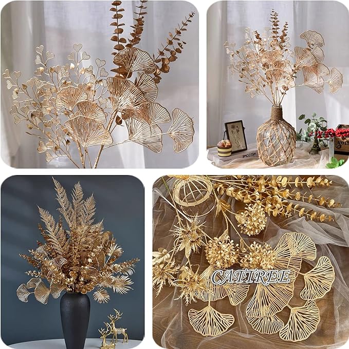 Artificial Golden Plants Fake Gold Ginkgo Leaves - Tall 27Inch 2 Pack, Faux Apricot Leaf Christmas Decor Plant Simulation Bushes for Indoor Outdoor Xmas Party Wedding Table Centerpiece DIY Decoration