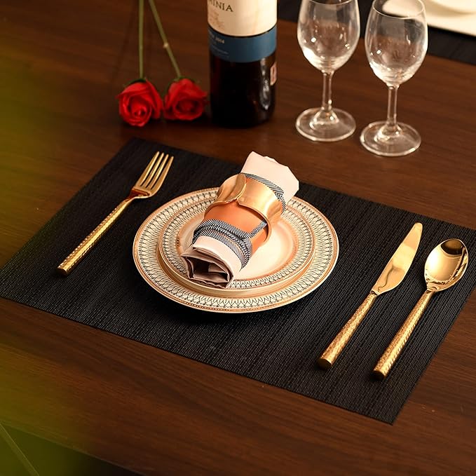Black Placemats Set of 8 - Easy Clean Washable Vinyl Placemats - Heat Resistant Placemats for Kitchen Table - PVC Table Mats for Dining Table (Pure Black, 8)