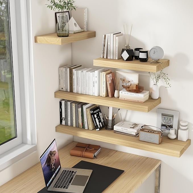 Floating Shelves24 Inch Long , 9 Inch Deep Floating Shelves for Wall, Solid Wood Floating Shelf, Deep Wall Shelves for Living Room, Bathroom, Kitchen, 24"W x 9.3"D x 1.6"H, Natural Color, Set of 2