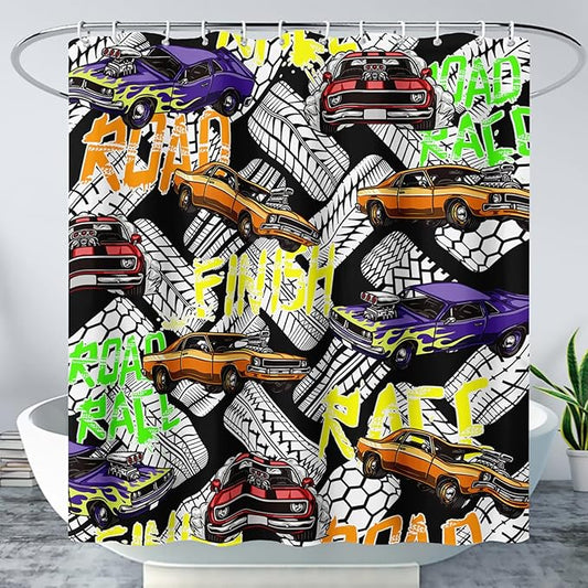 AILONEN Racing Car Shower Curtain for Bathroom Decor,Cool Racer Bath Curtain for Kids Boys Teens,Graffiti Printed Curtain Waterproof with 12 Plastic Hooks, 72" W x 78" H