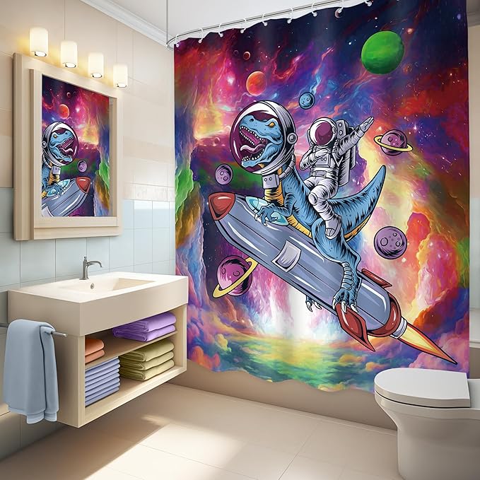 LGhtyro Funny Dinosaur Shower Curtain Bathroom Set 60Wx71H Inches Astronaut Dino Kids Boys Men Cool Universe Planet Galaxy Space Bath Accessories Colorful Cartoon Art Home Decor Fabric 12 Pack Hooks
