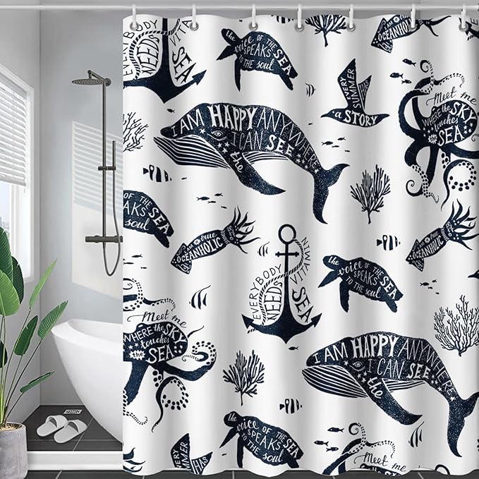 AILONEN Whale Shower Curtain Cartoon Gull Sea Turtle Octopus Bath Curtain Ocean Animal Blue Printed Shower Curtain 72" W*84" H Minimalist Bathroom Curtain Polyester Waterproof Curtain with 12 Hooks