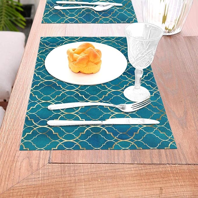 Blue Teal and Gold Modern Placemats Set of 4, Retro Table Mats Washable Heat Resistant Non-Slip for Kitchen Dinner Holiday Party Farmhouse Home Decor, Linen 12"x18"