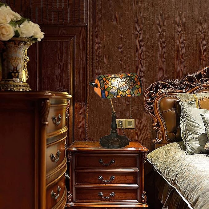 Tiffany Style Bankers Table Lamp Stained Glass Piano Desk Lamp Vintage Bedroom Bedside Lamp for Study,Antique Alloy Base,Zipper Switch,Dragonfly b