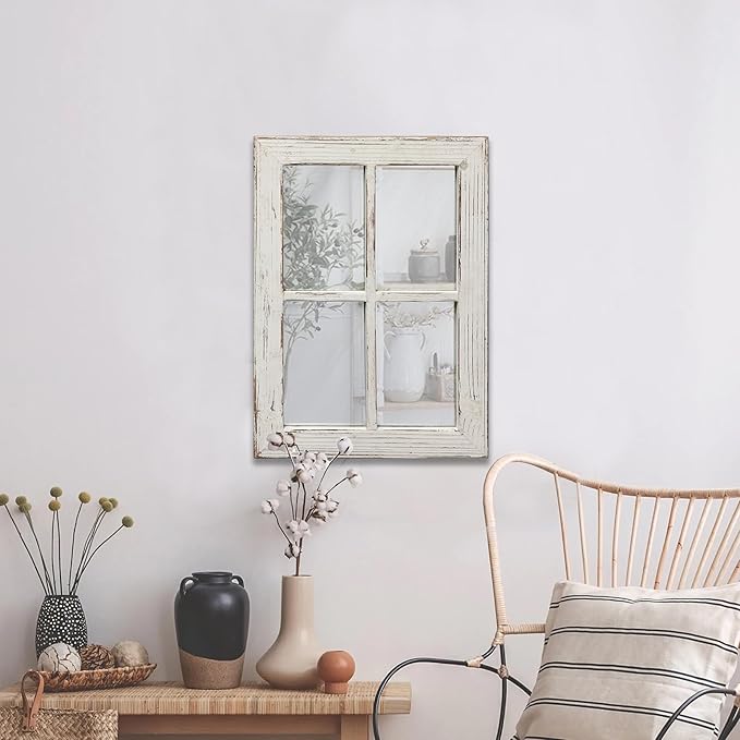 Rustic Small Window Pane Mirror Wall Decor 11 x 16 inches, Hanging Distressed White Farmhouse Rectangle Wood Frame Mirror, Handmade Decorative Window Mirrors for Living Room Christmas