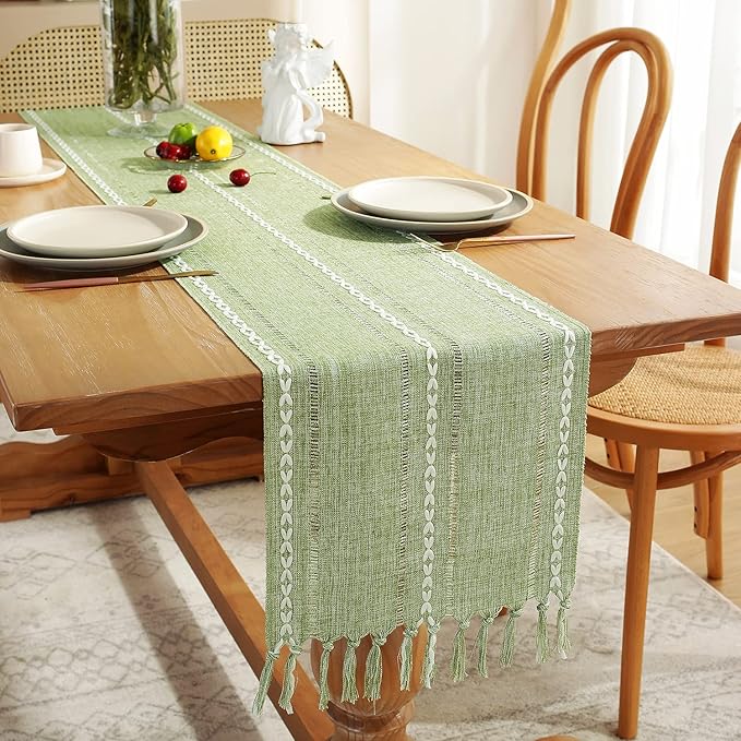 Rustic Farmhouse Style Linen Table Runner, Boho Handmade Tassel Embroidered Small Table Runners 48 Inches Long for Holiday Party, Christmas and Dining Decorations, 13 inchW X 48 inchL - Sage Green