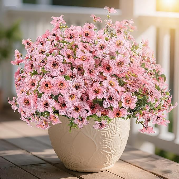 Artificial Flowers Outdoor, Faux Silk Flowers Plastic Plants for Outdoors Indoor Outside Front Porch Hanging Planter Window Box Garden Home Decoration, 14 Bundles(Pink)