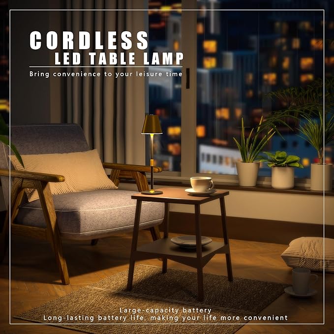 Modern LED CordlessTable Lamp,4000mAh Rechargeable Battery Desk lamp,3 Level Brightness Night Light,Minimalist Design, for Couple Dinner/Coffee Table/Restaurant/Bedroom(Gold&Black)