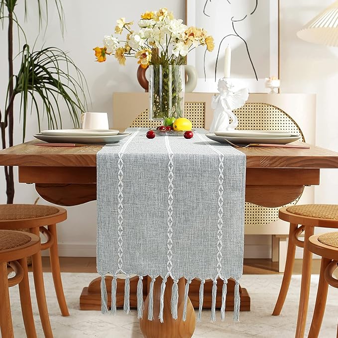 Chassic Rustic Farmhouse Style Linen Table Runner, Boho Handmade Tassel Embroidery Table Runners 72 Inches Long for Holiday Party, Dresser and Dining Decorations, 13 x 72 inch - Light Grey