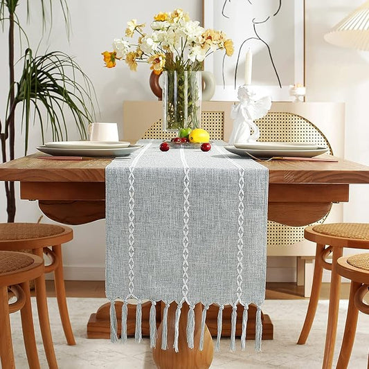 Chassic Rustic Farmhouse Style Linen Table Runner, Boho Handmade Tassel Embroidery Table Runners 72 Inches Long for Holiday Party, Dresser and Dining Decorations, 13 x 72 inch - Light Grey