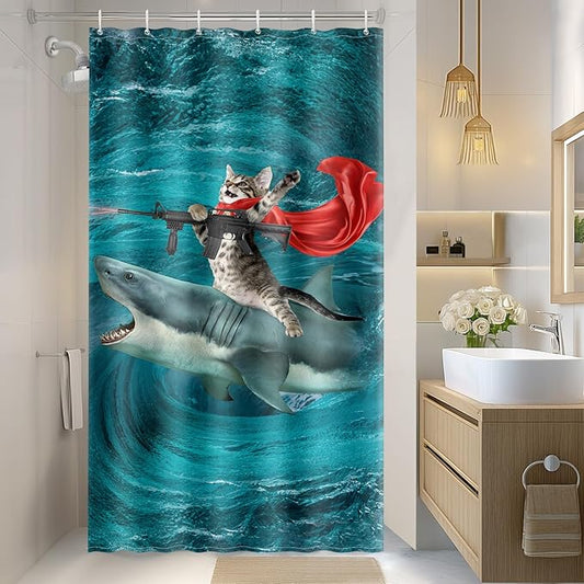 Aimego Stall Small Shower Curtain - Funny Cute Cat Riding Shark Fun Crazy Ocean Narrow Half Fabric Cloth Shower Curtains Set for Adults Bathroom Decor Accessories Bath Curtain, 36"x72", Blue Red