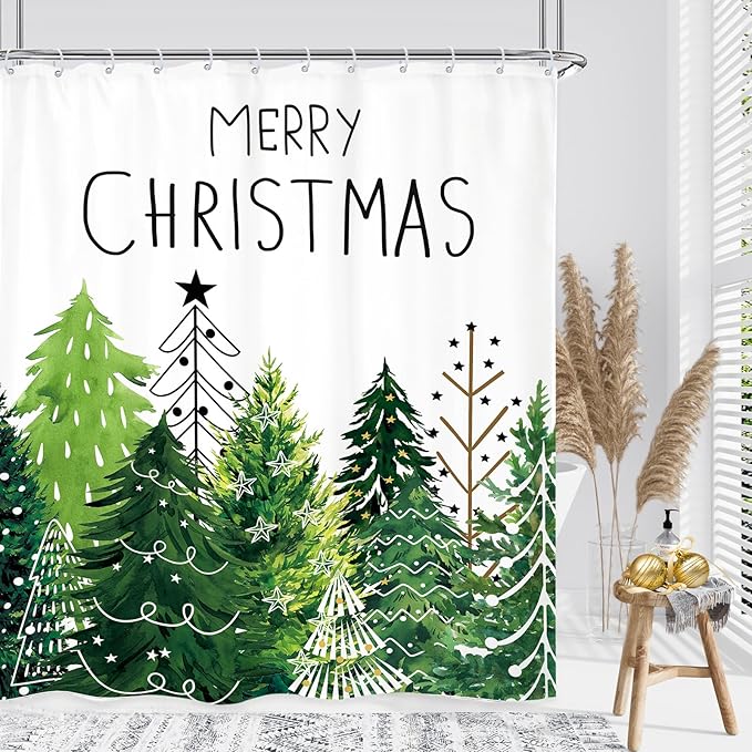 Christmas Tree Forest Shower Curtain 72Wx72L Inch Xmas Winter Pine Holiday Seasonal Green Bathroom Set Accessories Decor Polyester Waterproof with 12 Pack Hooks