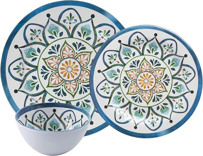 Melamine Dinnerware Sets, Service for 4. Unbreakable Dishes. Scratch Resistant Melamine Ware. Plates and Bowls. Dishwasher Safe Platos De Melamina Mosaic Design. Beautifully Packaged Gift Box