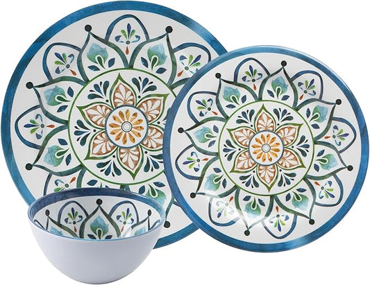 Melamine Dinnerware Sets, Service for 4. Unbreakable Dishes. Scratch Resistant Melamine Ware. Plates and Bowls. Dishwasher Safe Platos De Melamina Mosaic Design. Beautifully Packaged Gift Box