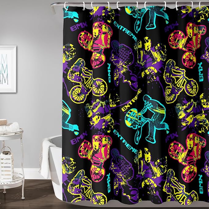 AILONEN Motocross Shower Curtain,Motorcycle Racer Bath Curtain,Extreme Sports Decoration,Colorful Graffiti Dirt Bike Shower Curtain for Kids Boys,Black Washable, 36" W x 72" H