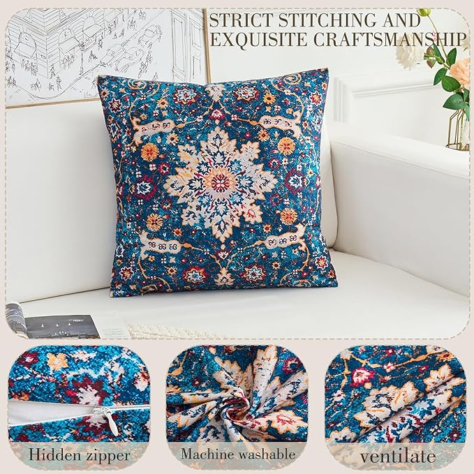 Boho Throw Pillow Covers 16x16 inch Set of 2,Boho Vintage Carpet Pattern Antique Ethnic Decor Double Sided Pattern Cushion Cover Soft Pillow Case Living Sofa Room Bed Square Pillow Cover