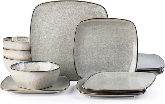 AmorArc Ceramic Dinnerware Sets for 4, 12 Pieces Square Handpainted Plates and Bowls Set, Chip and Scratch Resistant Stoneware Dishes Set, Dishwasher & Microwave Safe, Reactive Glaze
