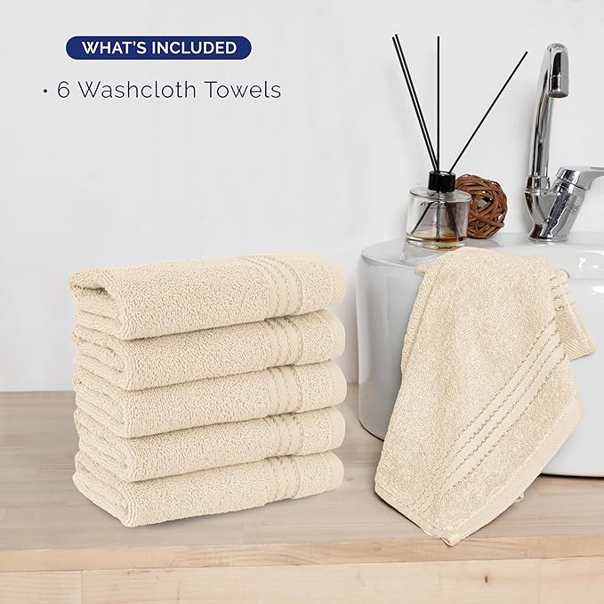 Elegant Comfort Premium Turkish Cotton 6 Pack Washcloths Set - 13 x 13 inch, Luxurious Hotel Spa Quality 100% Turkish Cotton 6PC Washcloth Set - Highly Absorbent - Soft Bathroom Towels, Ivory