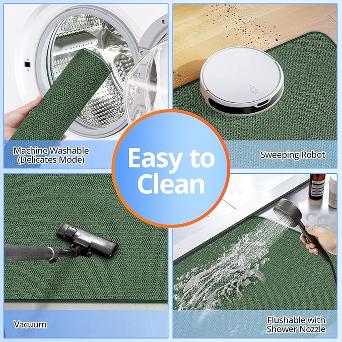 Upgraded Thin Bathroom Rugs, Bath Mat Super Absorbent, Bath Rugs Rubber Backing Non-Slip, Quick Dry Machine Washable, Cozy Cloth Bathroom Mat fit Under Door/Sink/ Bathtub/Shower/Kids 20''x24''-Green