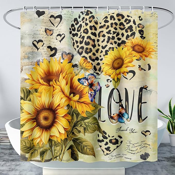 AILONEN Sunflower Waterproof Shower Curtain,Yellow Sunflower Bath Curtain for Girls Women,Romantic Hearts Butterfly Flower Bathroom Curtain with 12 Plastic Hooks, 72" W x 96" H