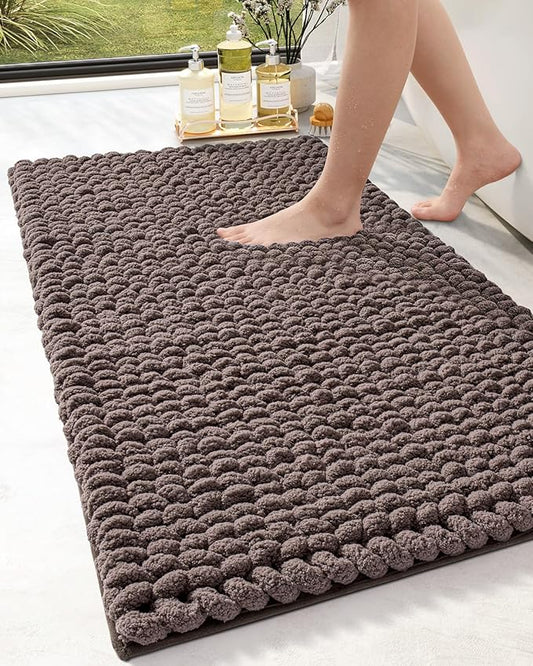DEXI Bathroom Rugs 24x43, Non Slip Washable Bath Mat, Luxury Chenille Super Absorbent Thick Bathmats for Shower Floor, Plush Fluffy Shaggy Carpet for Tub, Brown