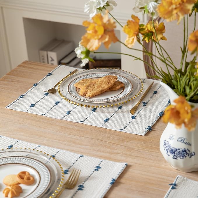 Boho Placemats Set of 4 for Dining Table Decor, Woven Cloth Place Mats for Farmhouse Rustic Kitche Home Decor, Cotton Placemats 13 x 19 Inch, Blue and Beige Table mats