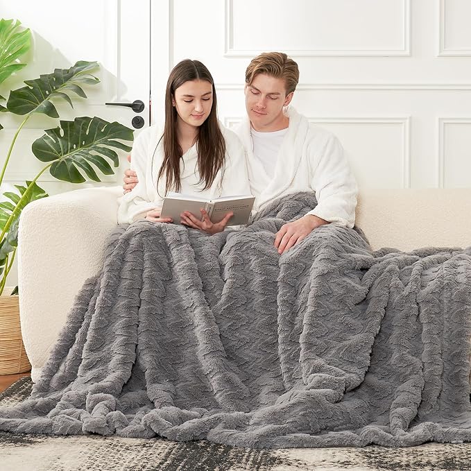 Cozy Bliss Faux Fur Throw Blanket for Couch - Clearance Soft Fuzzy Cozy Throw Gift Blankets for Women,Grey Boho Blanket for Sofa Bedroom Living Room.50 * 60 Inches