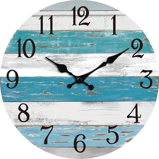 Wall Clock Battery Operated 14 Inch Outdoor Large Beach Style Blue Coastal Retro Silent Non Ticking Decorative for Bathroom Kitchen Living Room Bedroom