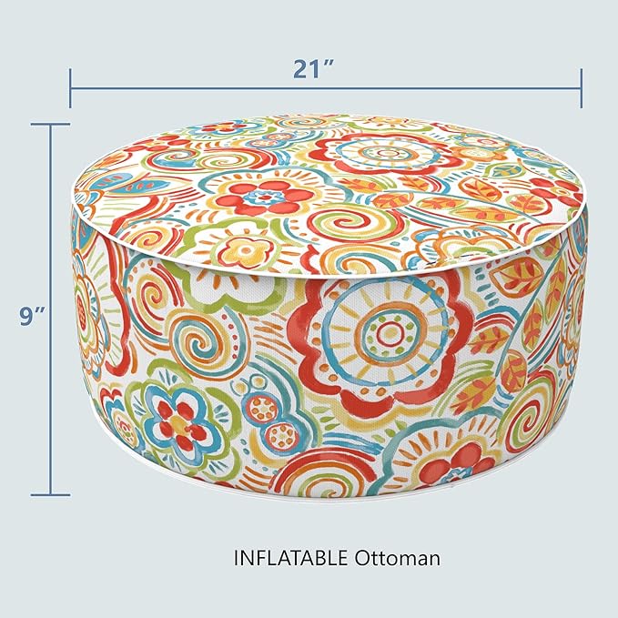 LVTXIII Indoor/Outdoor Inflatable Ottoman, All Weather Round Footrest Stool D21”x H9”, Portable for Patio Garden Camping or Home-Flower Multi