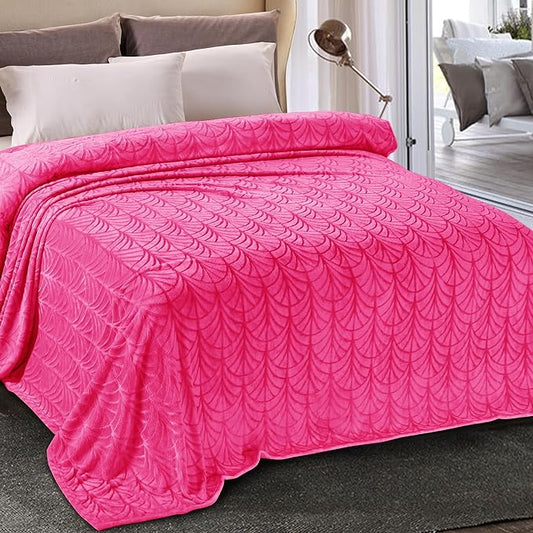 Whale Flotilla Flannel Fleece Queen Size Blanket for Bed, Soft Fluffy Velvet Bedspread Coverlet with Decorative Vintage Pattern for All Season, Warm and Lightweight, 90x90 Inch, Hot Pink