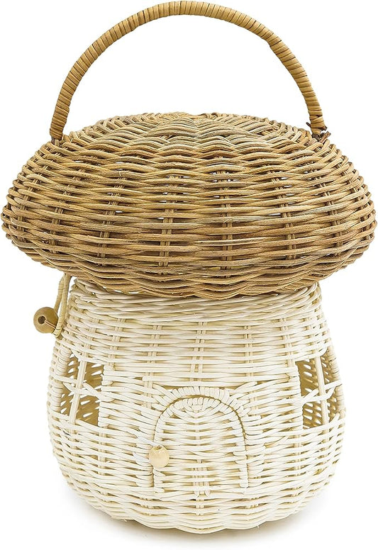 KOLWOVEN Mushroom Rattan Storage Basket with Lid - Mouse in a Box House- Small Doll house- Decorative Hand Woven Shelf Organizer Cute Handmade Handcrafted Gift Decoration Artwork Wicker (Natural)