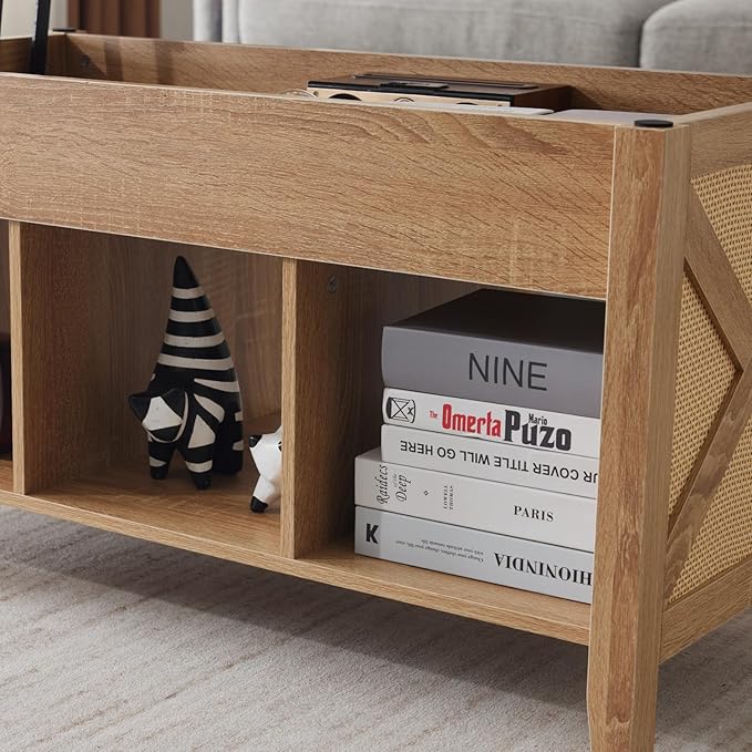 VINGLI Lift Top Coffee Table, Oak Top with Rattan Frame, Farmhouse Cross-Sided Design, with Storage Shelf/Hidden Compartment, Gas Lift Mesa De Centro para Sala Pop Up Coffee Table