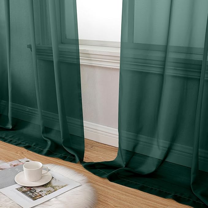 Aiyufeng Hunter Green Sheer Curtain Drapes 90 Inch Length 2 Panels for Living Room, Light Filtering Voile Green Drapes for Bedroom, Patio, Sliding Door, Each 42" W x 90" L