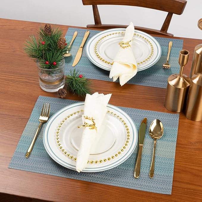 Winknowl Placemats, Set of 8 Heat Resistant Stain Resistant Woven Vinyl Insulation Placemats, Durable Washable Elegant Table Mats for Dining (Blue)