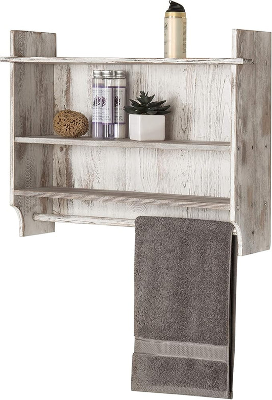 MyGift 3 Tier Wall Mounted Shabby White Washed Solid Wood Bathroom Storage Shelves, Wooden Floating Shelf Toilet Paper Holder Rack with 23 Inch Wide Towel Hanging Bar