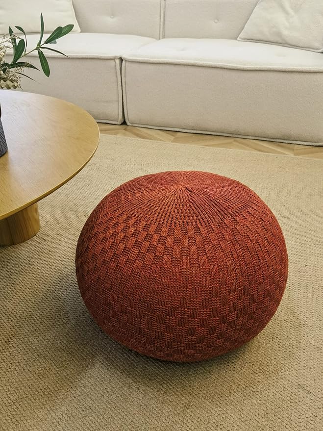 ARTPLAN Round Knit Pouf Hand Knitted,Outdoor Ottoman Foot Rest,Boho Home Decor for Living Room-Bedroom