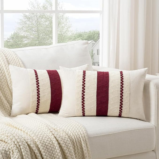 Fancy Homi Set of 2 Burgundy Boho Long Lumbar Decorative Throw Pillow Cover 12x20 Inch for Couch Bed Sofa, Aesthetic Modern Farmhouse Christmas Room Decor, Soft Cotton Cute Wind Red Cushion Case