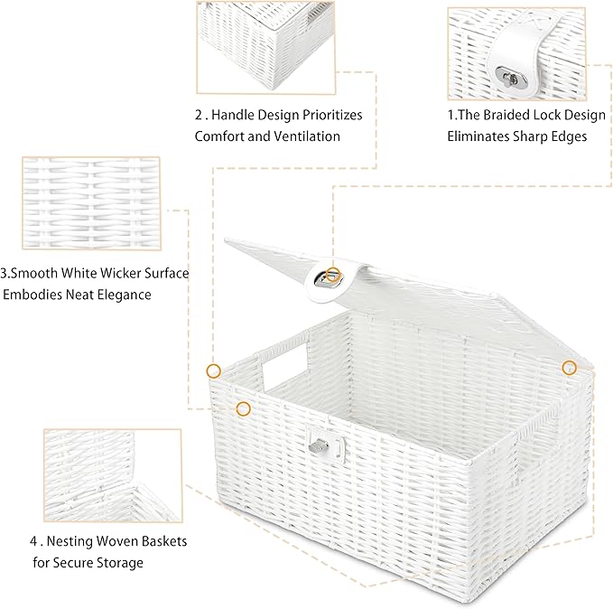 Honygebia White Wicker Storage Baskets - Set of 3 Decorative Nesting Boxes with Lids, Woven Basket with Lock & Handle, Organizer for Beauty Makeup Bathroom Decor