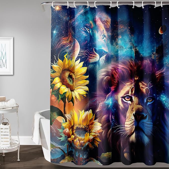 AILONEN Lion Shower Curtain for Kids Boys Teens,Galaxy Sunflower Lion Bath Curtain for Bathroom Decor,Modern Romantic Polyester Waterproof with 12 Plastic Hooks 48" W*72" H