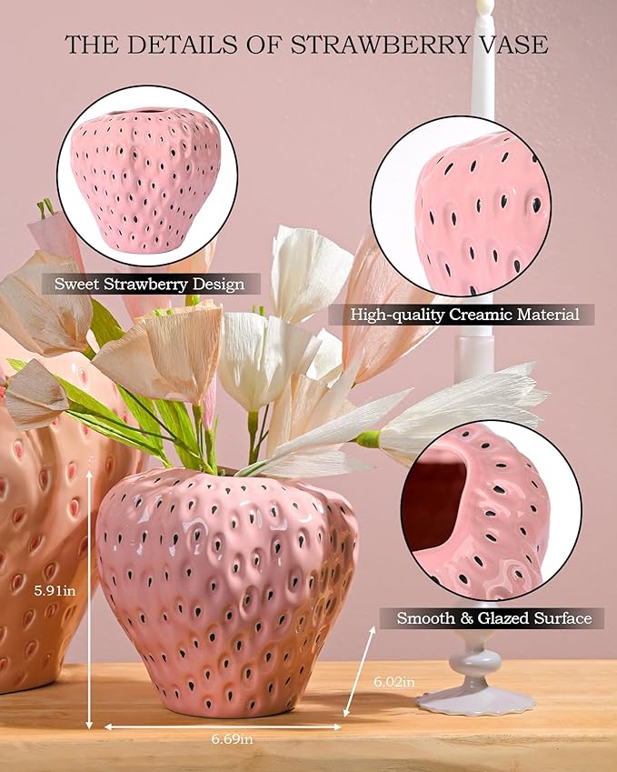 DN DECONATION Pink Strawberry Vase for Flower, Strawberry Shaped Planter Pot for Girls, Unique Ceramic Fruit Vases for Strawberry Party Kitchen Decorations, for Mom&Grandma