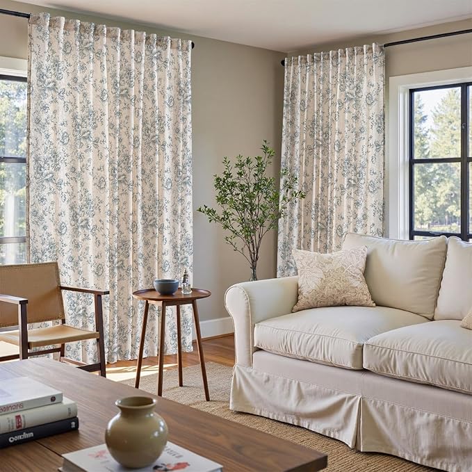 jinchan Linen Floral Curtains Extra Wide for Patio Sliding Glass Door Room Divider Curtain for Living Room 108 Inch Length Farmhouse Peony Blue Printed Curtain Set 1 Panel