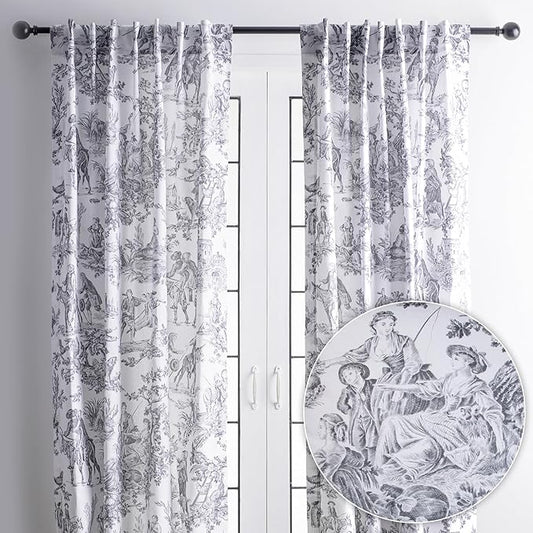 Maison d' Hermine Curtains for Living Room 100% Cotton 124 inch Length Two Panels Light Filtering Toile Curtains with Rod and Loop Pockets (The Miller Paloma Gray (White Background), 50" W x 124" L)