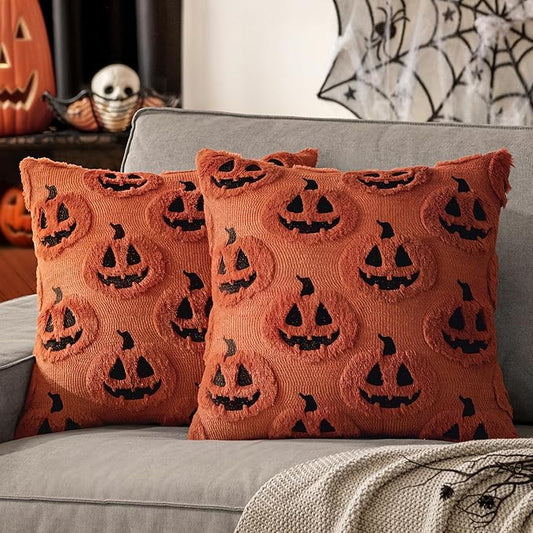 MIULEE Fall Halloween Throw Pillow Covers 18x18 Decorative Pumpkin Pattern Pillowcases Soft Plush Faux Wool Cushions for Home Patio Sofa Couch,Dark Rust