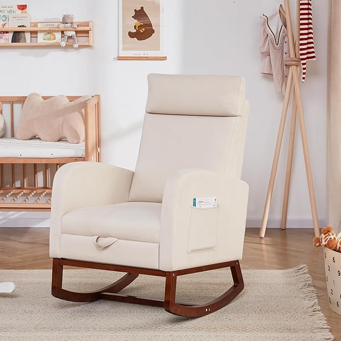 Rocking Chair Nursery Chair with Foot Rest, Nursery Rocking Chairs with High Back, Glider Rocking Chair with Pocket, Baby Nursery Glider Rocker, Nursing Chair Accent Living Room (Linen Beige)
