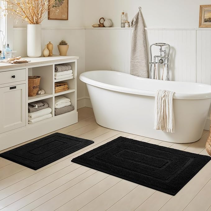 GRANNY SAYS Bathroom Rugs Sets 2 Piece,Soft Bath Mats for Bathroom, Bath Rugs Non Slip Washable, Absorbent Bath Rug for Tub, Shower and Toilet, Bath Mat Set (Black, 20" x 32" + 16" x 24")