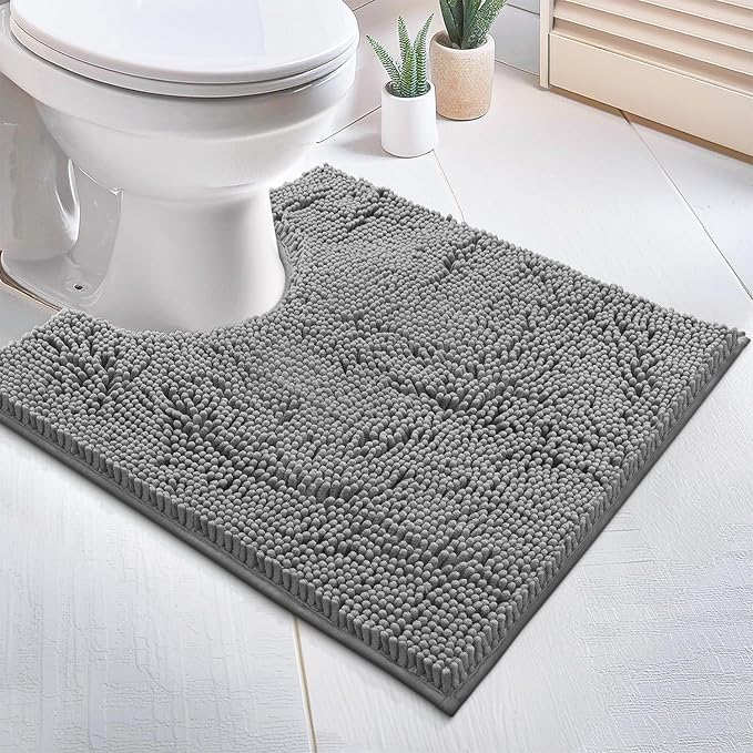 Bathroom Rugs Sets 2 Piece, Luxury Chenille Bath Mat Set, Soft Plush Anti-Slip Bath Rug + U-Shaped Toilet Mat. Microfiber Shaggy Carpet, Super Absorbent (24” x 36” & 20” x 24” U, Light Grey)