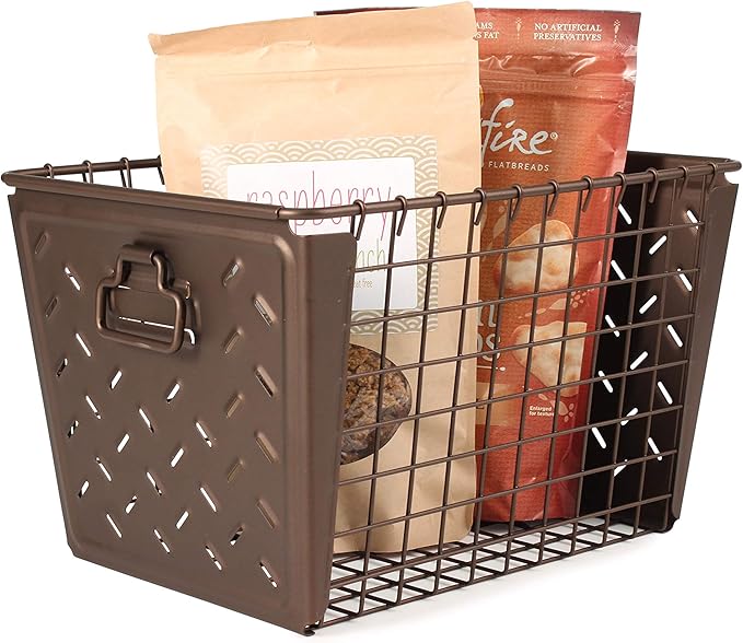 Tovolo Macklin, Stamped Steel & Wire Basket for Closet & Cubby Storage Vintage-Inspired Design with Customizable Label Plate, Medium, Bronze